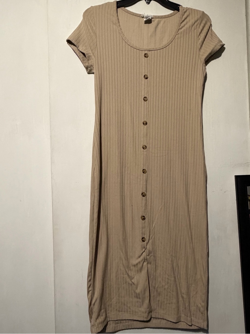 Ribbed Button-Front Midi Dress in Beige
